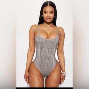 Body Glitter Rhinestone Body Suit- Grey